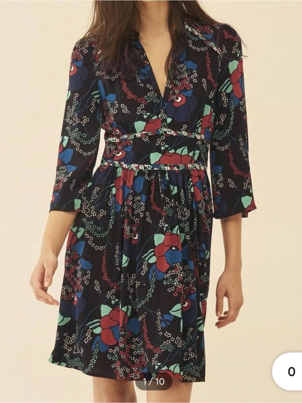 ba&sh Agathe Flral V Nevk Black Boho Romantic 3/4 Sleeve Mini Dress Size XS